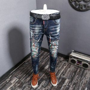 Streetwear Mannen Jeans Spliced Slim Fit Ripped Biker Jeans Homme Verf Elastische Hip Hop Lange Broek