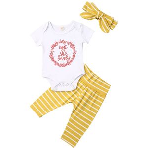 Baby Zomer Kleding Pasgeboren Peuter Kids Baby Jongen Meisje Kleding Korte Mouw Brief Tops Romper Gestreepte Broek Outfits Set