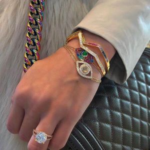 Zegenen Lucky Rainbow Turkse Hamsa Evil Ogen Chain Bangle Real 100% 925 Sterling Zilveren Armband Voor Vrouwen Delicate Sieraden