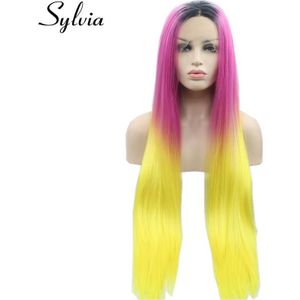 Sylvia hittebestendige vezel haar lange zijdeachtige rechte ombre roze om geel synthetische kant donker wortel cosplay slepen koningin
