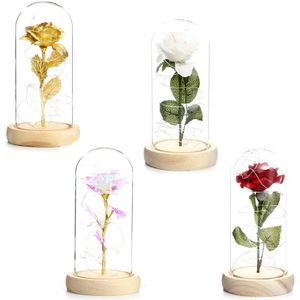 1 Set Schoonheid En Het Beest Eeuwige Rode Roos Bloemen Led Licht In Een Glazen Koepel Op Een Houten Basis voor Romantische Valentijnsdag Cadeaus