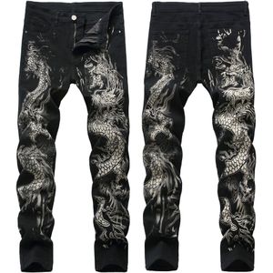 Dragon Gedrukt Jeans Mens Denim Broek Mannen Originele Casual Katoen Slanke Potlood Broek Man Zwart jeans