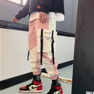 Multi zakken linten patchwork heren punk hip hop cargo joggers roze kleur straat vintage harembroek casual joggingbroek voor mannelijke