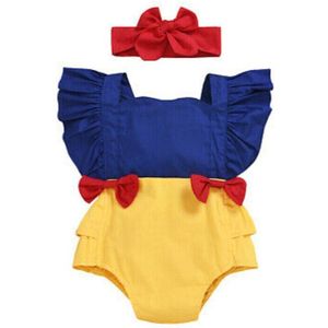 Pasgeboren Baby Baby Meisje Ruches Strik Romper Jumpsuit Blauw Geel Patchwork Een Stukken Outfit Hoofdband 0-24M
