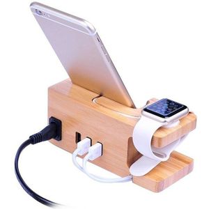 3-Port Usb Charger Voor Apple Horloge & Telefoon Organizer Stand,Cradle Houder, 15W 3A Desktop Bamboe Hout Laadstation Voor Iwatc