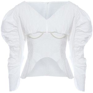 Twotwinstyle Wit Patchwork Parel Blouse Voor Vrouwen V-hals Puff Lange Mouwen Casual Koreaanse Shirt Vrouwelijke Mode Kleding