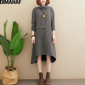 DIMANAF Herfst Winter Vrouwen Jurk Vintage Coltrui Plus Size Katoen Dikker Warme Elegante Vrouwelijke Lady Vestidos Gestreepte Jurken