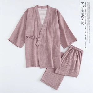Japanse Eenvoudige Kimono Gewaden Mannen Pyjama Sets 100% Crêpe Katoen Gewaden Mannelijke Sauna Gaas Katoen Gewaad Suits Mannen