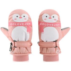 Kids Boy Girl Cartoon Pinguïn Waterdichte Handschoenen Dubbele Laag Geribbelde Manchet Verstelbare Anti-Slip Winter Ski Winddicht Wanten 7-12T