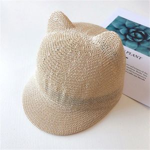 Child Outdoor Sun Protection Hat Summer Little Boys Girls Solid Color Cute Cat Ear Cap Hollow Breathable Straw Hat