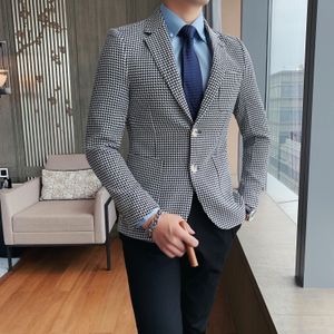 Heren Houndstooth Plaid Heren Blazers Slim Fit Vintage Engeland Stijlvolle Heren Kleding Business Casual Modieuze Jassen