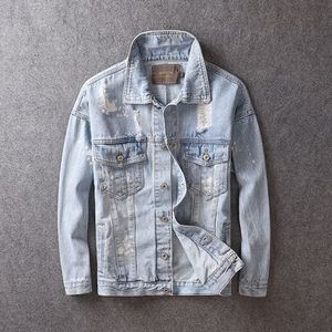 Koreaanse Stijl Mode Mannen Jas Retro Lichtblauw Vernietigd Ripped Jassen Verf Streetwear Hip Hop Denim Jassen Mannen