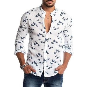 Lente Herfst Casual Mannen Pigeon Print Knoppen Lange Mouw Linnen Slanke Top Heren Kleding Trend Toevallige Slanke