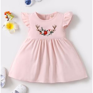 Zomer Meisje Jurk Eenvoudige Bloem Borduurwerk Roze Jurk Peuter Zuigeling Meisje Toevallige Vliegende Mouwen Jurken