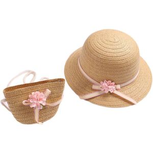 Baby Meisjes Straw Zonneklep Hoed Met Rits Schoudertas Bloemen Strik Strand Hoed