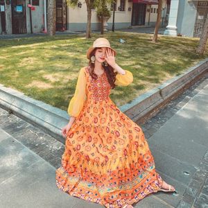 Zomer Oranje Rood Medium Lange Netto Borduurwerk Stiksels Thaise Nationale Stijl Indian Jurk Retro Mode Lange Rok Kurti Kurta