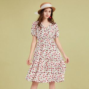 Artka Zomer Vrouwen Jurk Franse Vintage Hoge Taille Cherry Print Jurken Elastische Taille V-hals Chiffon Jurk LA20702C