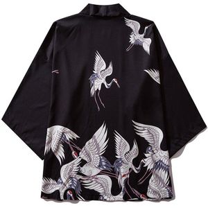 Harajuku Kimono Jas Japanse Hip Hop Streetwear Bomberjack Crane Print Zomer Dunne Gown Japan Stijl Street Wear