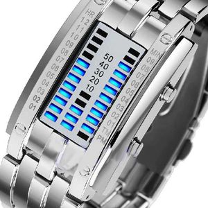 Rvs Blauwe LED Datum Rechthoek Armband Digitale Horloge Waterdicht Binary Polshorloge Mannen Vrouwen Paar Horloge Пара смотреть