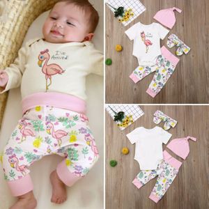 Mode Kinderen Baby Baby Meisje Jongen Romper Korte Mouw O-hals Bodysuit + Lange Broek Flamingo 4 STUKS Kleding Set outfits