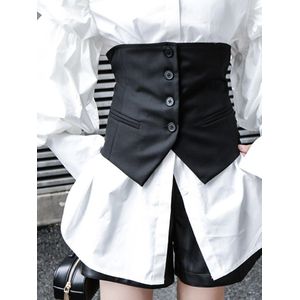 [Eam] Vrouwen Zwarte Knop Split Joint Asymmetrische Loose Fit Vest Mouwloze Mode Tij Lente Herfst 1K371