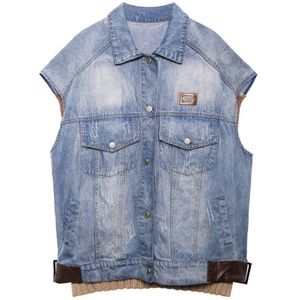 Qing Mo Blauw Vrouwen Denim Vest Lente Vrouwen Gebreide Patchwork Vest Met Sahes Vrouwelijke Enkele Breasted Losse Vest ZQY2689