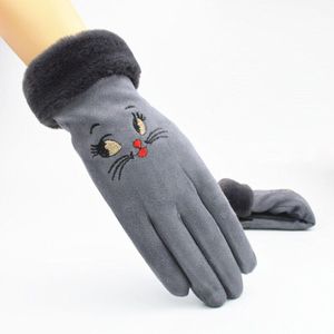 [Bysifa] Fall Winter Vrouwen Grijs Wanten Handschoenen Cartoon Kat Suede Leuke Handschoenen Plus Fluwelen Warm Thicken dames Handschoenen