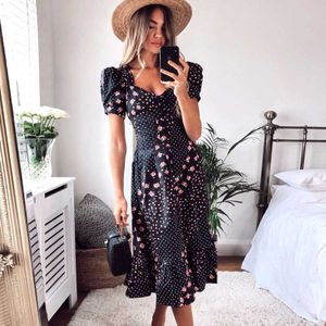 Boho Geïnspireerd Lange Jurk Zwart En Roze Bloemen Dot Zomer Jurk Dames Puff Mouwen Tied Voor Leuke Vrouwen Jurk boho Jurk