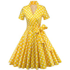 Tonval Retro Stip Rockabilly Gele Jurk Vrouwen Korte Mouw V-hals EEN Lijn Jurken Summer Party 50 s Vintage jurk