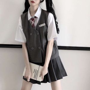 Dames Japanse Stijl School Uniform Kawaii Stijl Zachte Effen Kleur Vest Wit Korte Mouwen Plooirok 3 stuks
