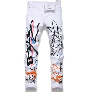 Mannen Mannelijke Originele Print Wit Geschilderd Jeans Stretch Mode Trendy Straight Broek Slanke 3D Trendy Denim Broek Broek