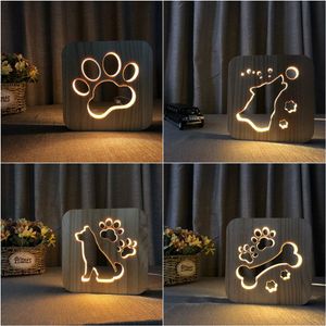 Led Creatieve Usb Nachtlampje Houten Hond Poot Wolf Hoofd Lamp Kids Slaapkamer Decoratie Warm Licht Tafellamp Voor Kinderen Lampen