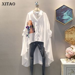 Xitao Onregelmatige Geplooide Zwart Wit Shirt Vrouwen Kleding Tij Print Button Blouse Top Zomer Mode Match Alle ZLL4271