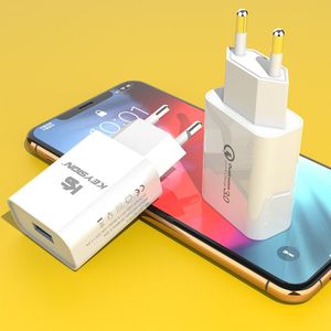 Keysion 18W Quick Charge 3.0 Snelle Mobiele Telefoon Oplader Eu Plug Wall Charger Usb Adapter Voor Iphone Samsung Xiaomi redmi Huawei