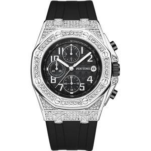 Alle Werk Wijzerplaat Mannen Diamond Horloge Rvs Iced Out Horloges Quartz Blue Rubber Strap Chronograph Horloge