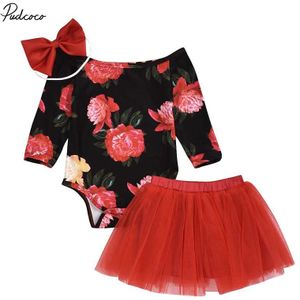 Baby Lente Herfst Kleding 3PCS Pasgeboren Baby Meisje Kleding Off Shoulder Romper Jumpsuit + Tutu Rok + Hoofdband outfit Set