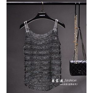 Cakucool Vrouwen Goud Lurex Tank Tops Sexy Hollow Out Knit Mouwloze Blouse Gestreepte Bohemian Strand Sliver Basic Top Camis Femme