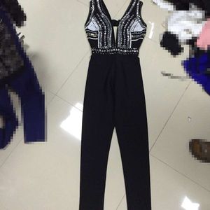 Verkoop Zwart Kaki Mouwloze Manutal Kralen Schede Rayon Bandage Jumpsuit Volledige Lengte Avond Party Jumpsuit