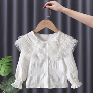 Lente Meisjes Kleding 2-8 Jaar Grote Bloem Holle Revers Kraag Witte Blouse Voor Peuter Meisjes Ruches Bladerdeeg Mouw katoenen Shirts