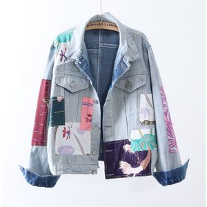 [Ewq] Herfst Winter Mode Trend Dames Denim Jasje Student Patch Printing Casual Oversize Jassen Lichtblauw 16Q547