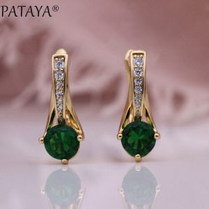 PATAYA Vrouwen Dangle Oorbellen Fijne Bruiloft Romantische Sieraden 585 Rose Goud Ronde Groene Natuurlijke Zirkoon Hollow Oorbellen