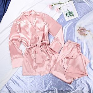 Hechan Roze Vrouwen Robe Sets Satijnen Pyjama Sjerpen Drie Kwart Mouw Nachtkleding Zijden Gewaad Losse Split Broek Thuis Pak Herfst