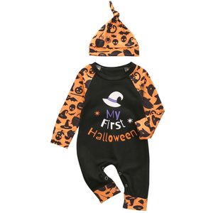 Pasgeboren Baby Meisjes Jongens Halloween Outfit Set Lange Mouwen Brief Print Romper En Hoed Set Mode 2 Stuk Outfit set