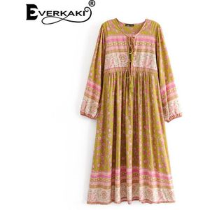 Everkaki Boho Bloemenprint Maxi Jurk Vrouwen Herfst Kwasten Neck Tied Lange Mouw Losse Gypsy Lange Jurken Vrouwelijke Herfst