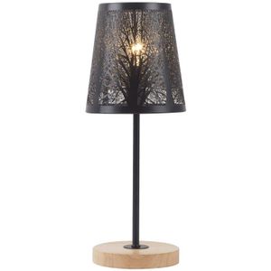 OYGROUP Moderne Kleine Bedlampje met Houten Basis Zwart Metalen Stok en Holle Lampenkap E14 Tafellamp Kamer Decoratie GEEN LAMP