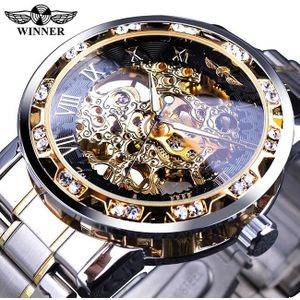Winnaar Blauw Horloges Diamant Skeleton heren Mechanische Horloges Klok Mannelijke Lichtgevende Handen Zilver Rvs