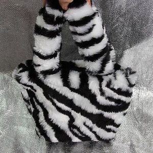 Mode Bloem Zebra Afdrukken Faux Fur Tas Vrouwen Handtas Koe Patroon Tote Handtas Vrouwen Effen Kleur pluche Tas