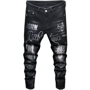 Mannen Zwarte Slanke Rechte Print Jeans Mode Letters Geschilderd Stretch Denim Broek Broek