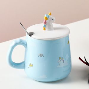 Keramische Lepel Koffie Mok Met Deksel Creatieve Handgeschilderde Cartoon Eenhoorn Netto Rood Water Cup Student Paar Ontbijt melk Cup