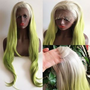 Bombshell Natural Wave Synthetisch Haar Lace Front Pruik Lijmloze Wit Ombre Green Hittebestendige Vezel Haar Zijscheiding Voor Vrouwen